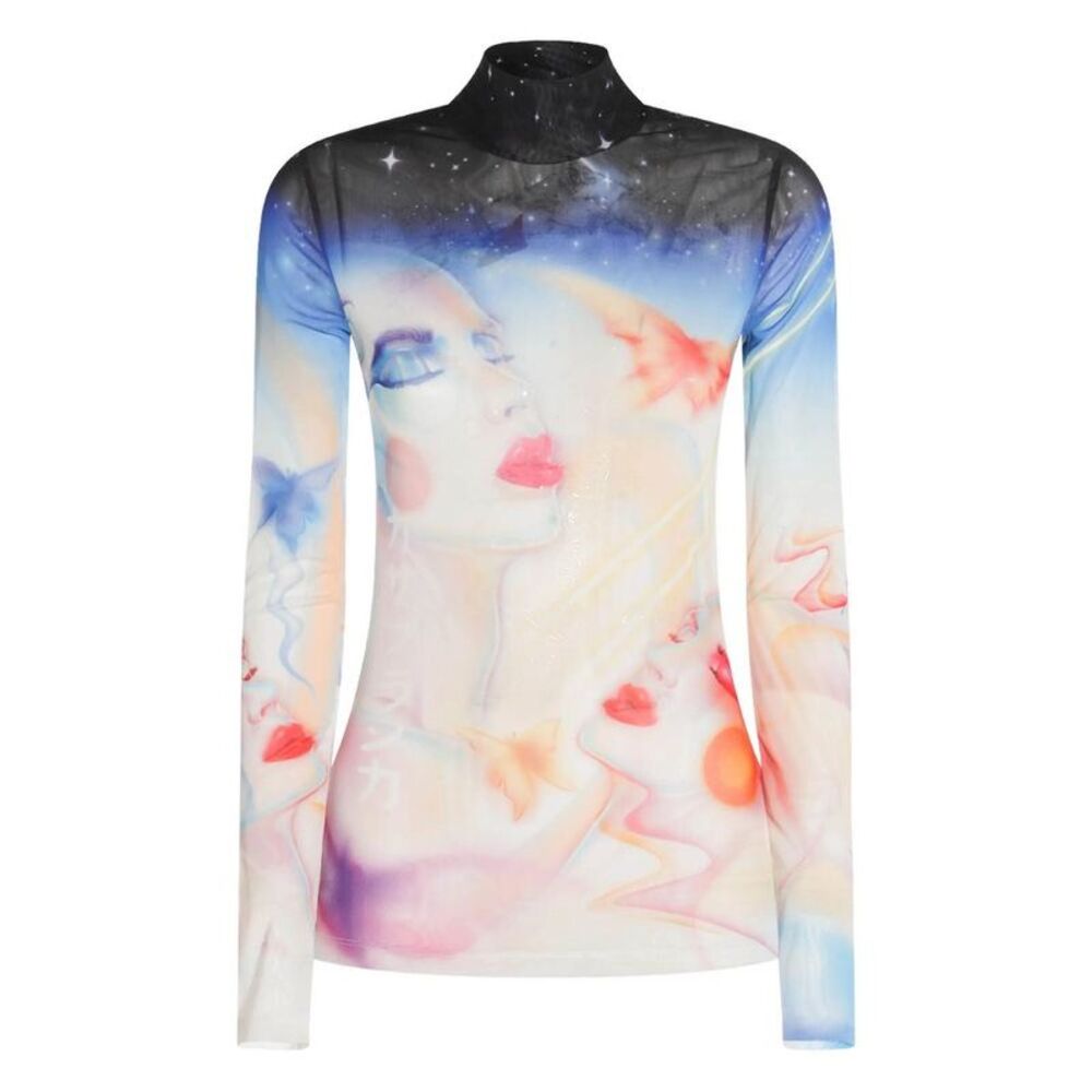 CASABLANCA Sheer Mesh Long Sleeve Mock Neck Top with Dreamscape Graphic Print